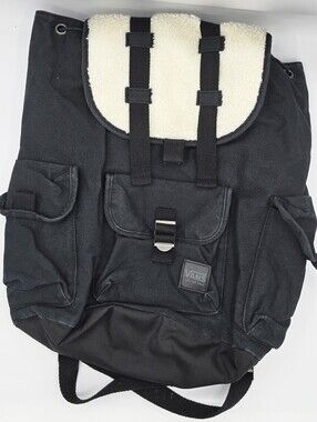 Vans - Unisex Faded Black Backpack With White Sherpa Fleece & Multi-Pockets
